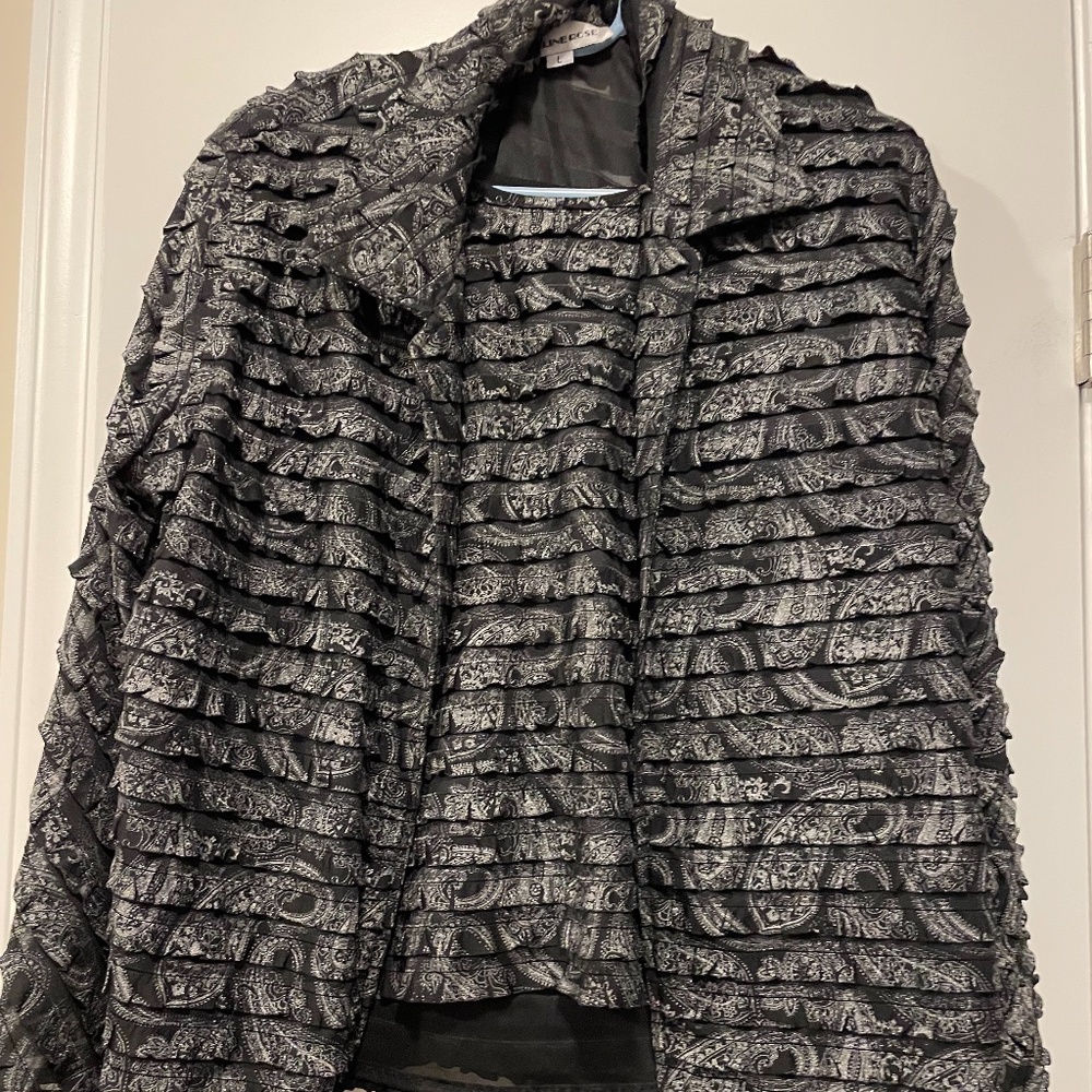 Caroline Rose Luxe Black and Silver Paisley Open Front Blouse Jacket and Tank